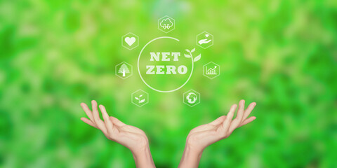 Net zero icon and carbon neutral  in the hand for net zero greenhouse CO2 emissions Nature...