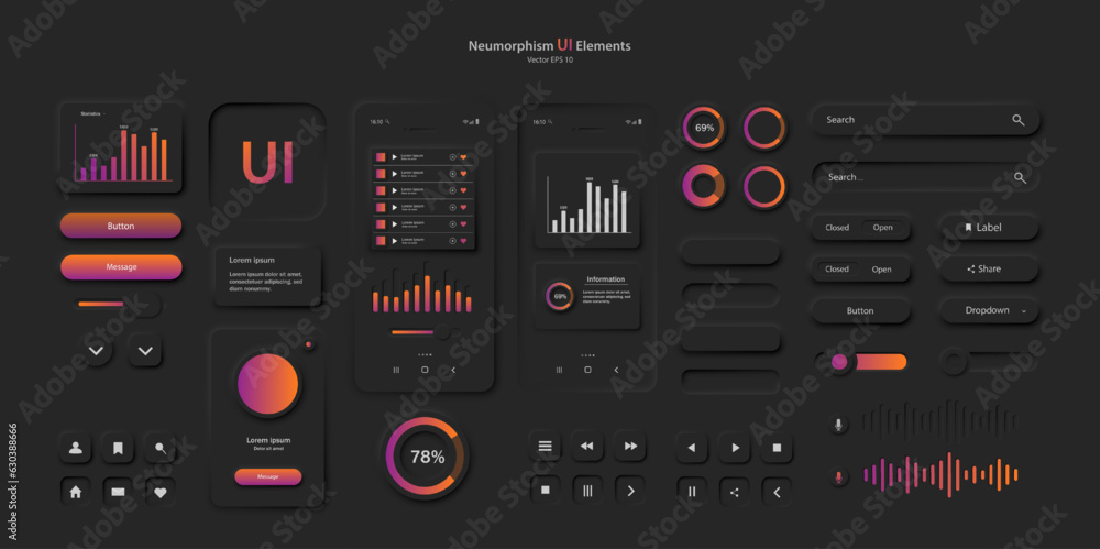 Poster a set of user interface elements for a mobile application in black and red. a set of user interface 