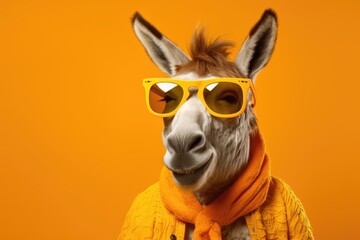 Stylish portrait of dressed up imposing anthropomorphic donkey wearing glasses and suit on vibrant orange background with copy space. Funny pop art illustration. - obrazy, fototapety, plakaty