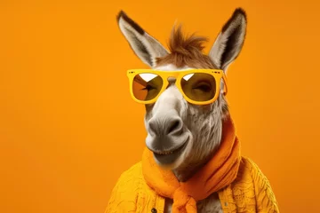 Tuinposter Stylish portrait of dressed up imposing anthropomorphic donkey wearing glasses and suit on vibrant orange background with copy space. Funny pop art illustration. © vlntn