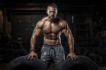 Fototapeta na wymiar A muscular fitness man doing crossfit in the gym