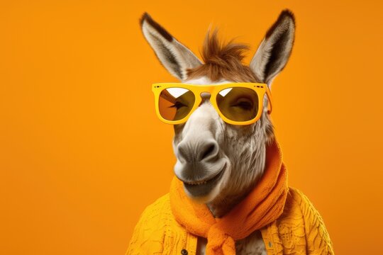 Stylish portrait of dressed up imposing anthropomorphic donkey wearing glasses and suit on vibrant orange background with copy space. Funny pop art illustration.