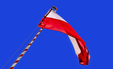 The Polish flag visible today on bunker No. 126, destroyed in September 1939, on the Narew River in Strękowa Góra in Podlasie, Poland.