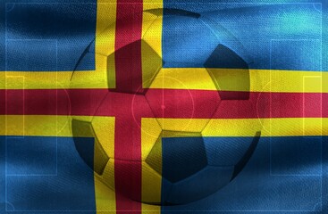 Photo of a waving Aland Islands flag with a football ball-shaped outline in the center