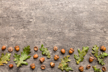 Branch with green oak tree leaves and acorns on colored background, close up top view