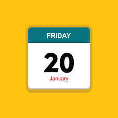 january 20 friday icon with yellow background, calender icon