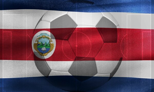 Photo of a waving Costa Rica flag with a football ball-shaped outline in the center