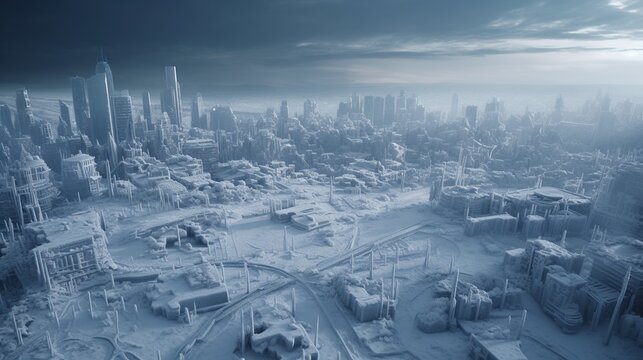 Illustration of big frozen modern city. Apocalyptic scene with ice covered cityscape. Global cataclysm concept. Winter outdoor background.