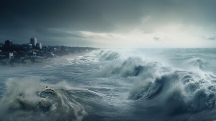 Obraz na płótnie Canvas Natural disaster. Massive tsunami.