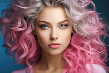 Cute girl with wavy pink hair and stunning blue eyes