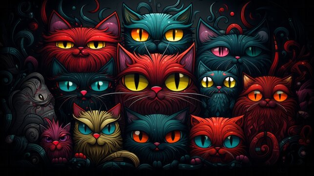 Illustration of adorable fluffy colourful cats, each with unique eye colors - Art created with Generative AI technology