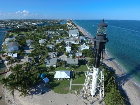 Aerial view of the beautiful Lighthouse Point near the shore in Florida