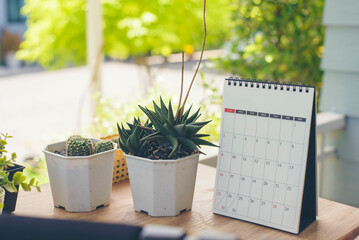 2024 Calendar desk place on business table. Desktop Calender and cactus for Planner to plan agenda,...