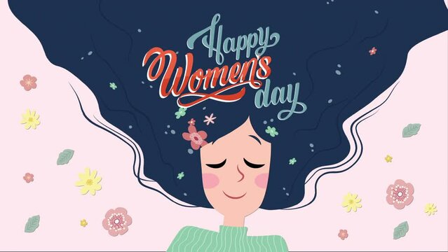 Happy international women's day. Text happy woman day. Greeting card Postcard on March 8. Glad kvinnors dag womens day girl power animation. Motion graphic