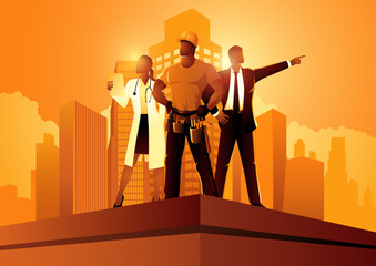 Doctor, businessman, and builder, standing proudly on the top of a building. This powerful scene symbolizes achievement, unity, and collaborative success. Perfect for Labor Day themes