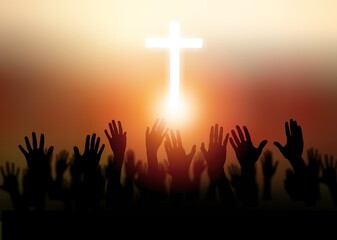 Christian worship hand on light cross background