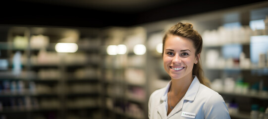 Portrait d'une jeune pharmacienne souriante en blouse debout devant les étagères de médicaments de sa pharmacie en arrière plan 