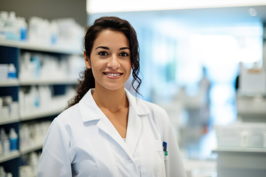 Portrait d'une jeune pharmacienne souriante en blouse debout devant les étagères de médicaments de sa pharmacie en arrière plan 