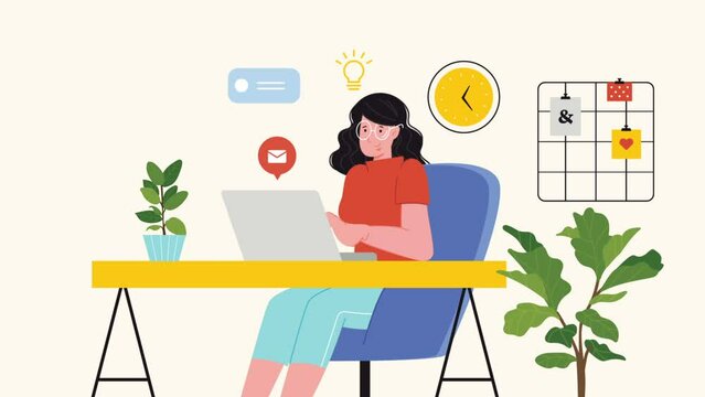 Young Businessman using laptop, woman working in office, working at home, online career, freelancers working on laptop or computer at home, cartoon character working 2d Explainer
