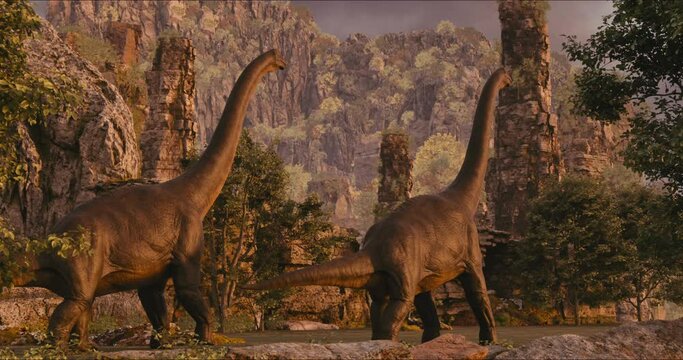 Brachiosaurus herd, sauropod walking in search of food. Jurassic period, Mesozoic era. 3D rendering