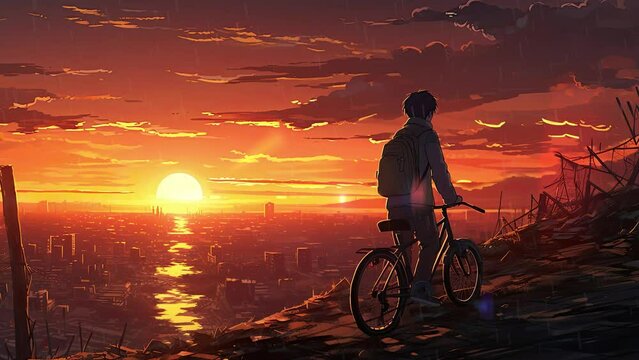 boy riding a bicycle looking at the sunset in the rain. Anime art style. Loop animation
