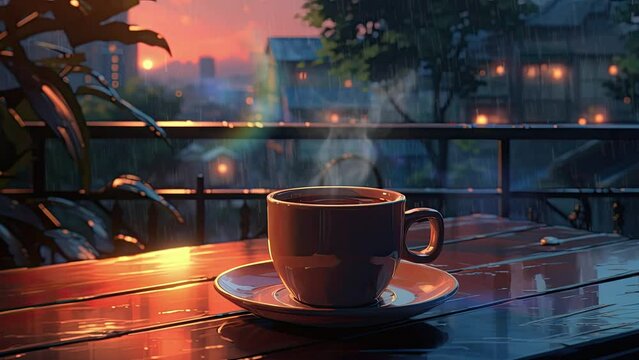 Cup of hot coffee or tea on the table at sunset in the rain. Anime art style. Loop animation