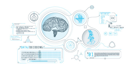 Brain research futuristic interface screen with data decoding.