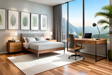 modern bedroom has a work desk overlooking nature and mountains.