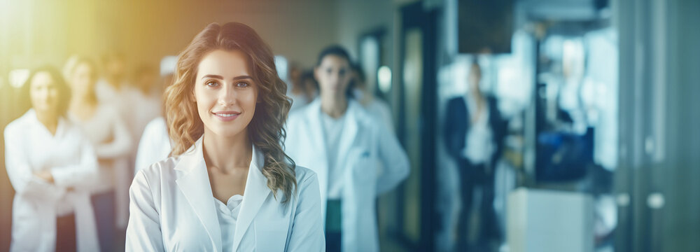 A young doc lady standing with arms smiling and crossed wearing a white lab coat with her team of medical heroes professionals in the hospital, Generative AI