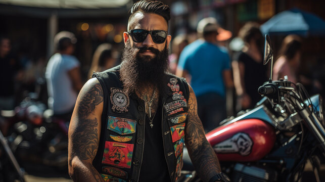 An edgy biker in a denim vest adorned with colorful patches, standing next to their custom-made chopper 