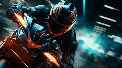 A biker in a futuristic racing suit, preparing to compete in an adrenaline-pumping track race 