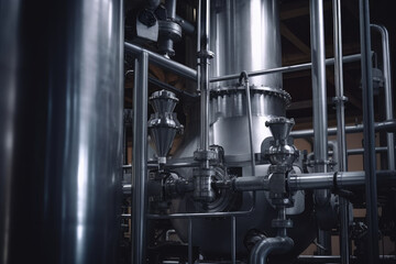 Fototapeta premium Close-up shot of a chemical reactor vessel with tubes and pipes connected to it in a chemical processing plant