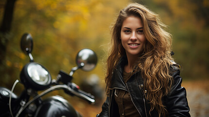 Fototapeta na wymiar A confident female biker with a vintage-style motorcycle, surrounded by beautiful autumn foliage 