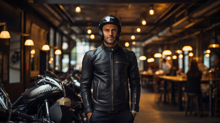 Obraz premium A fashionable biker with a custom-painted helmet, standing tall with their classic cafe racer 