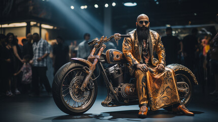 A fashion-forward biker showcasing their customized motorcycle at a prestigious bike show Generative AI