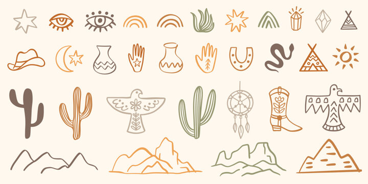 Wild West Cowboy Icons. Aztec Southwestern Set. 