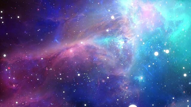 Galaxy exploration through outer space. Animation of flying through glowing nebula, clouds and stars field and galaxies to the far reaches of the universe.