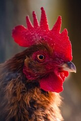 Close-up shot of a red rooster with glossy feathers on a sun-warmed surface