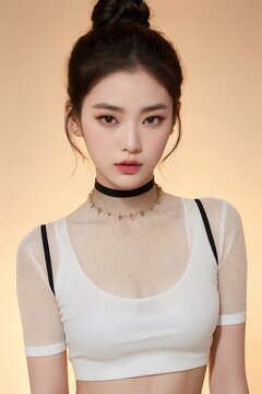 Portrait of beautiful Chinese women with Messy top knot bun, mesh black crop top, chunky choker necklace. Candlelit backdrop