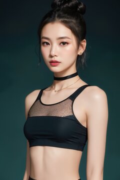Portrait of beautiful Chinese women with Messy top knot bun, mesh black crop top, chunky choker necklace. Candlelit backdrop