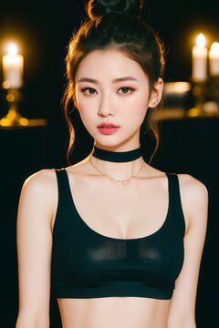 Portrait of beautiful Chinese women with Messy top knot bun, mesh black crop top, chunky choker necklace. Candlelit backdrop