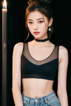 Portrait of beautiful Chinese women with Messy top knot bun, mesh black crop top, chunky choker necklace. Candlelit backdrop