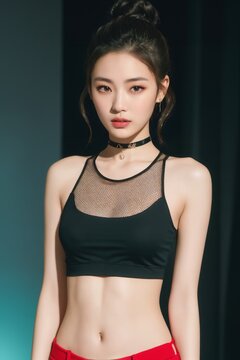 Portrait of beautiful Chinese women with Messy top knot bun, mesh black crop top, chunky choker necklace. Candlelit backdrop