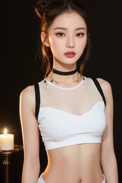 Portrait of beautiful Chinese women with Messy top knot bun, mesh black crop top, chunky choker necklace. Candlelit backdrop