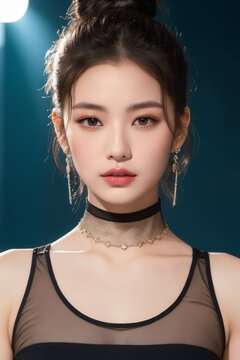 Portrait of beautiful Chinese women with Messy top knot bun, mesh black crop top, chunky choker necklace. Candlelit backdrop