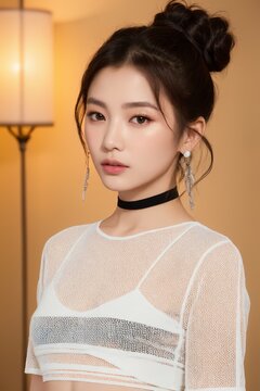 Portrait of beautiful Chinese women with Messy top knot bun, mesh black crop top, chunky choker necklace. Candlelit backdrop