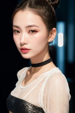 Portrait of beautiful Chinese women with Messy top knot bun, mesh black crop top, chunky choker necklace. Candlelit backdrop