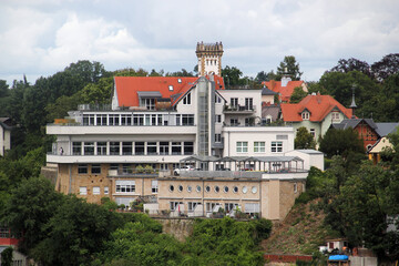 View of Luisenhof hotel and the upper station of Standseilbahn Dresden, one of two funicular railways in Dresden, Germany