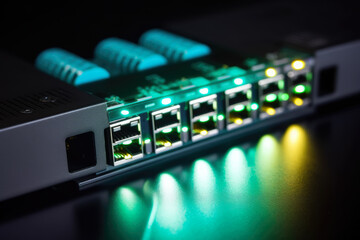 Detailed macro shot of Industrial Ethernet switch in use with blinking LEDs