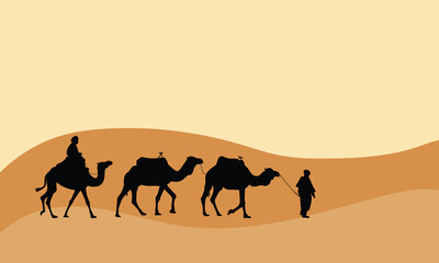 Desert scenery beautiful bright sky on the desert with camel. vector illustration. view of caravan traveling and camels shadows on the sand dune in desert